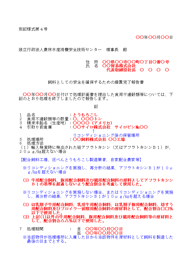 輸入検査時のアフラトキシン分析結果が20μg/kg以下の別記仕4の1